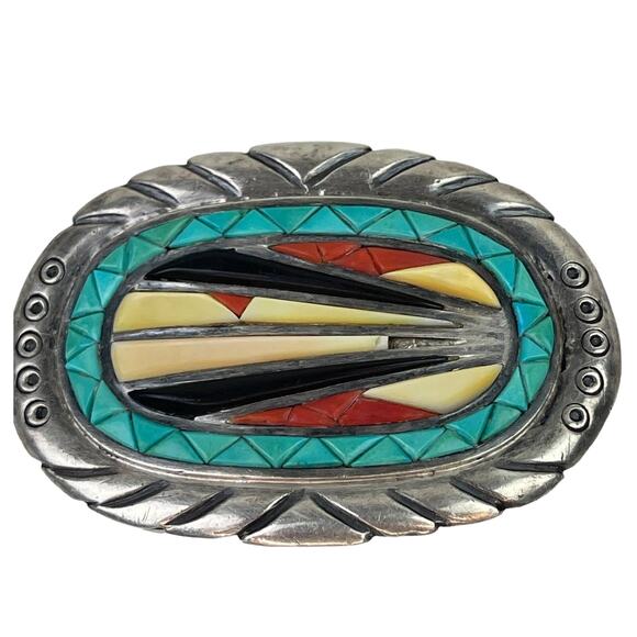 Vintage Navajo Victor Moses Begay VMB Rain Cloud Coral Silver Belt Buckle Native